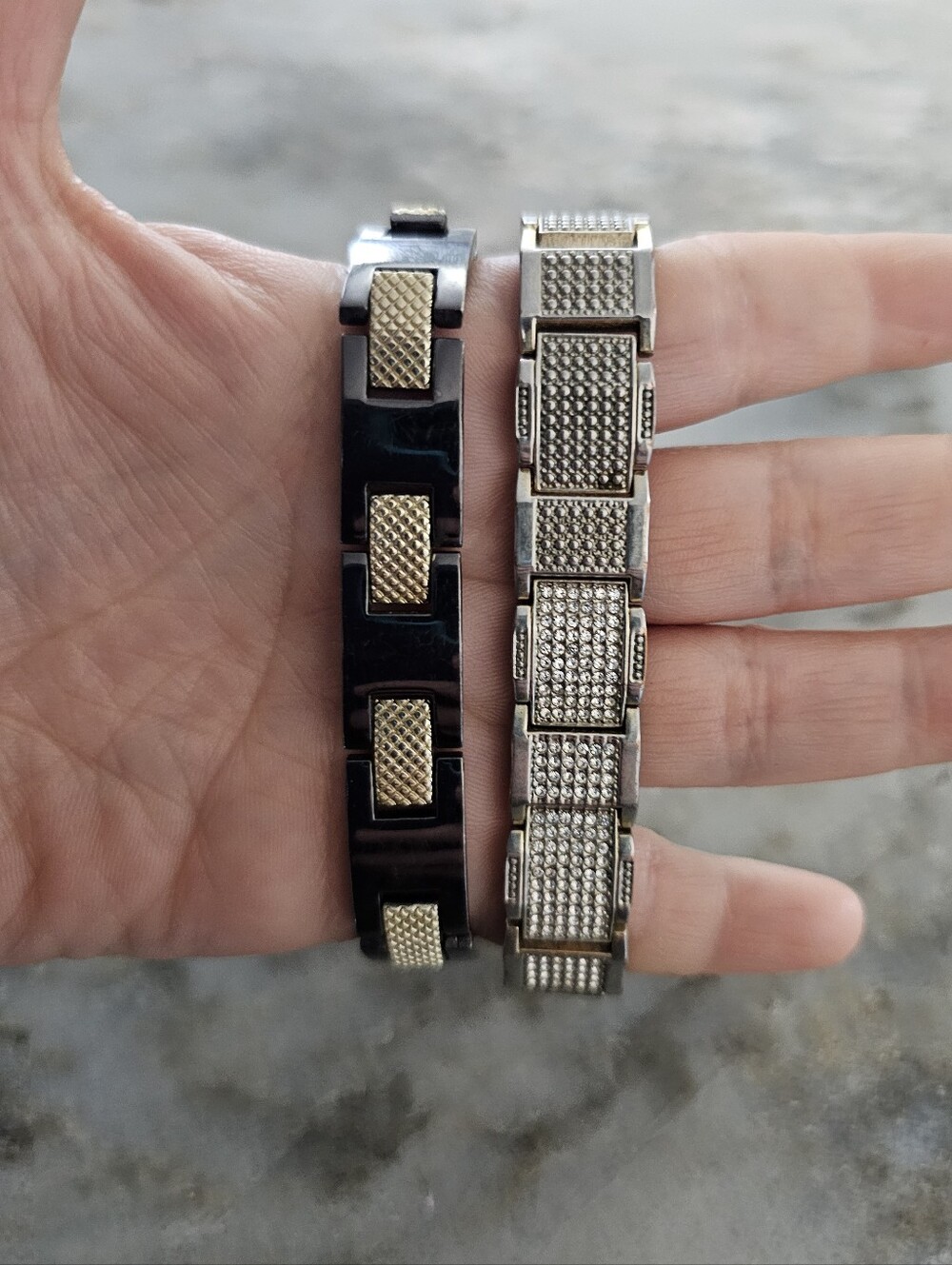 Lot of 2 Men's Fashion Bracelets Silver Black Gold Tone Link Costume Jewelry